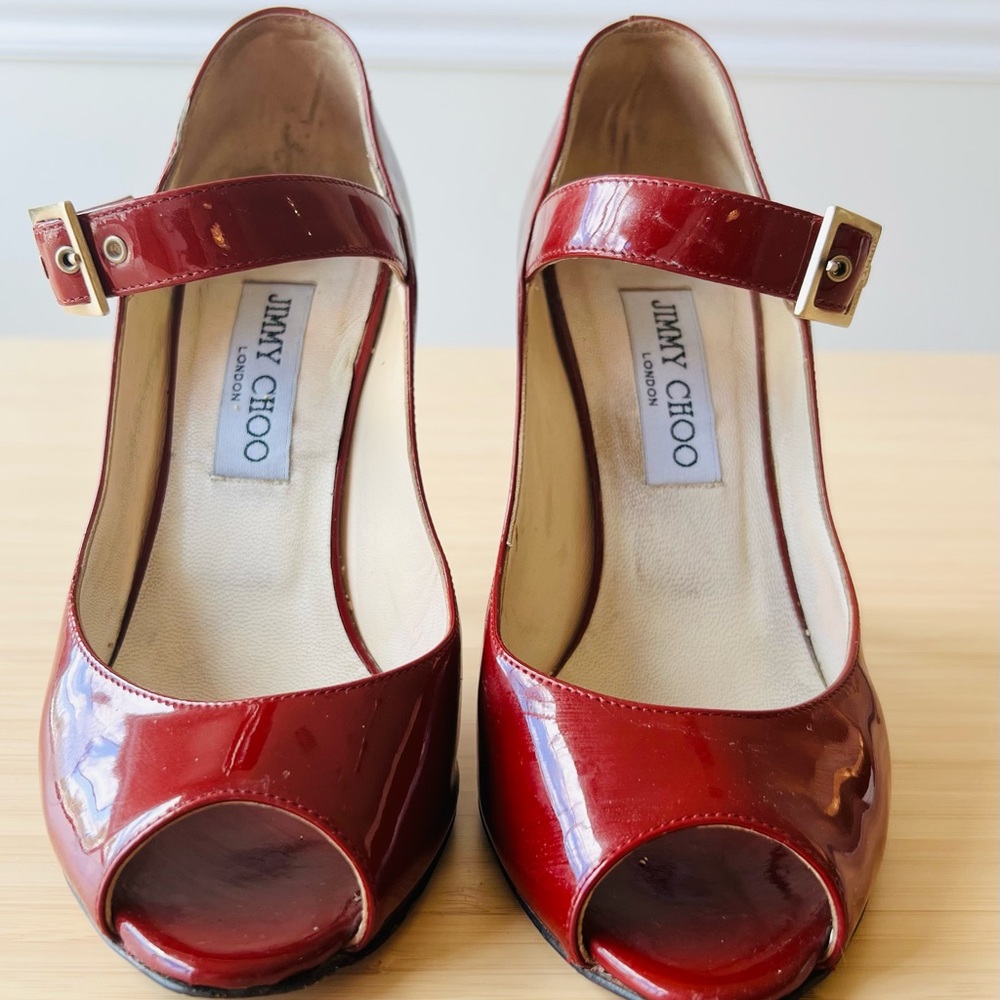 Jimmy Choo Red Patent Leather Peep Toe Heels